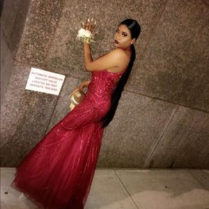 This is a burgundy prom dress